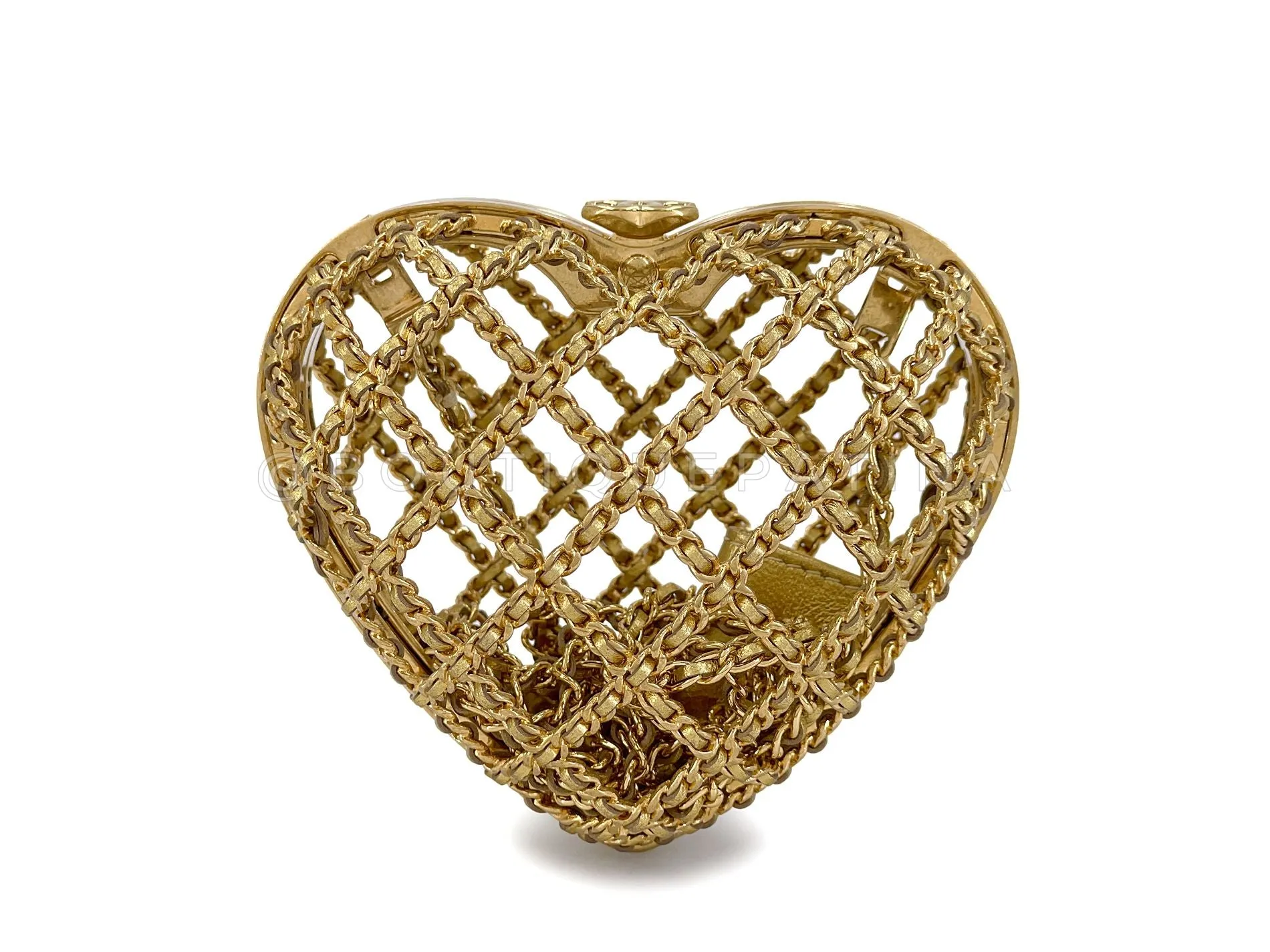 23S Chanel Caged Heart Minaudière Evening Clutch Bag Gold Small D32