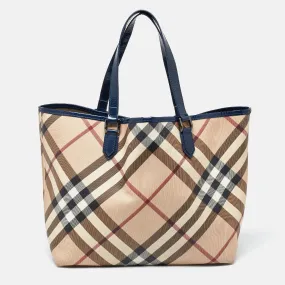 Beige/Blue Nova Check PVC and Patent Leather Shopper Tote