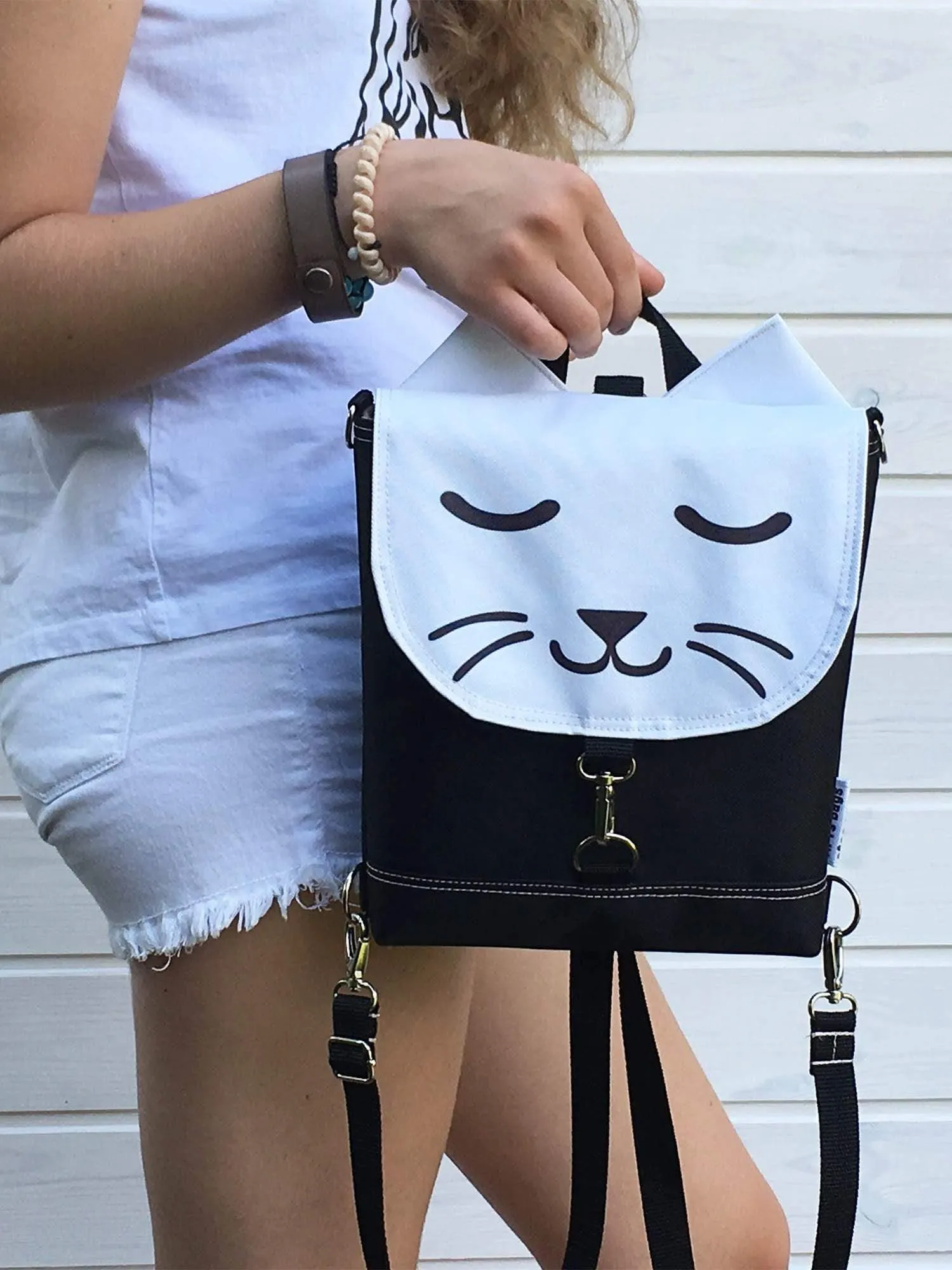 Black White Cat Backpack, Personalized Cross Body Bag | Aris Bags