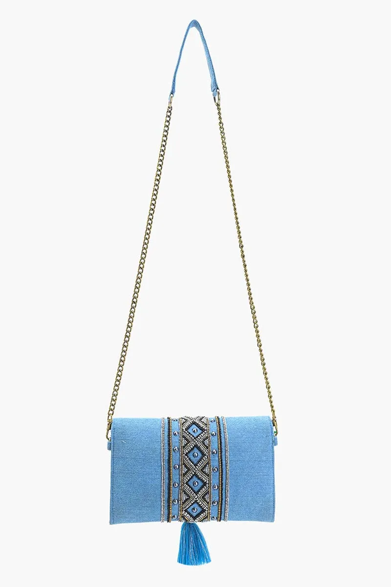 Boho Chic Beaded Denim Clutch