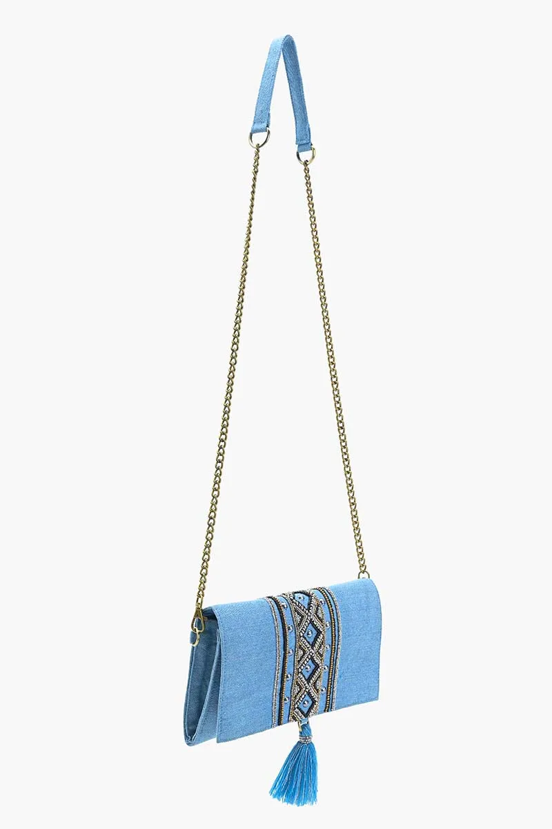 Boho Chic Beaded Denim Clutch