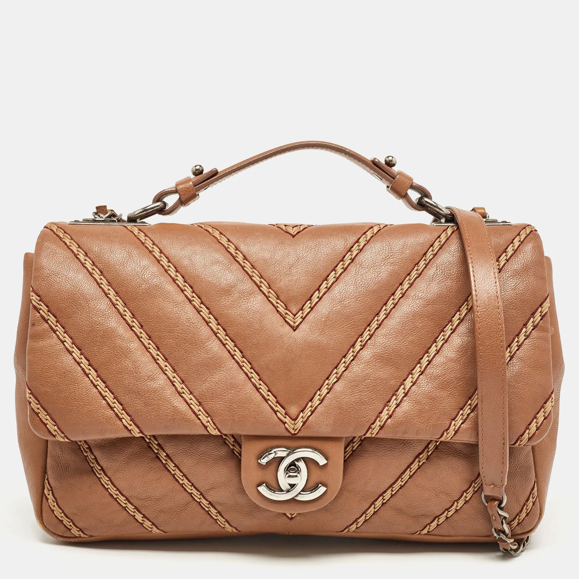 Brown Chevron Stitched Leather Classic Top Handle Bag