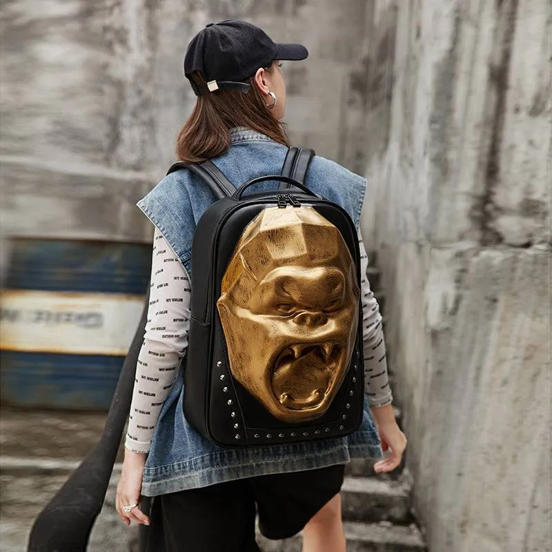 Cool Unisexs 3D Skull Backpack ,Angry King Kong Backpack , Studded Large Volumn Laptop Backpack