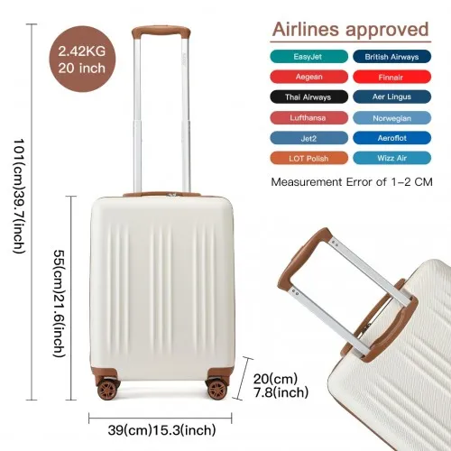 Kono 20-Inch Sleek Striped Carry-On Suitcase - Durable ABS PC, Spinner Wheels, TSA Lock - Cream & Brown