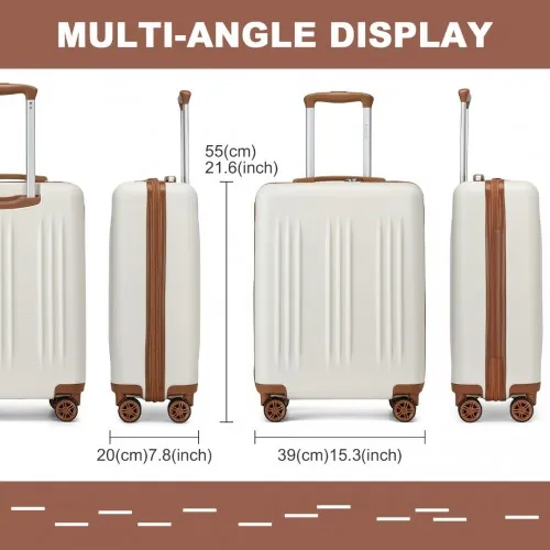 Kono 20-Inch Sleek Striped Carry-On Suitcase - Durable ABS PC, Spinner Wheels, TSA Lock - Cream & Brown