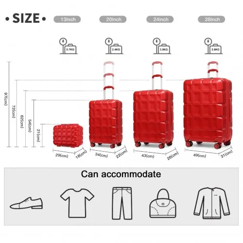 Kono Lightweight 4-Piece Hard Shell ABS Red Suitcase Set with TSA Lock and Vanity Case