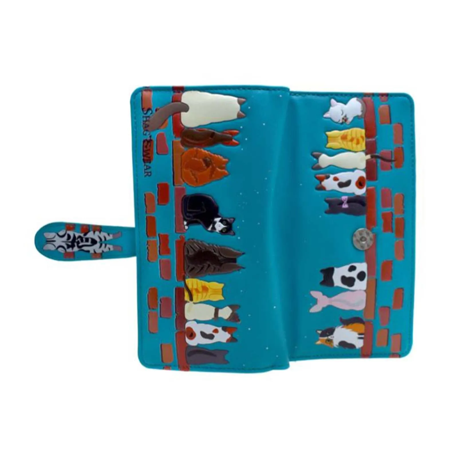 Shagwear Cats In A Row Large Teal Zipper Wallet