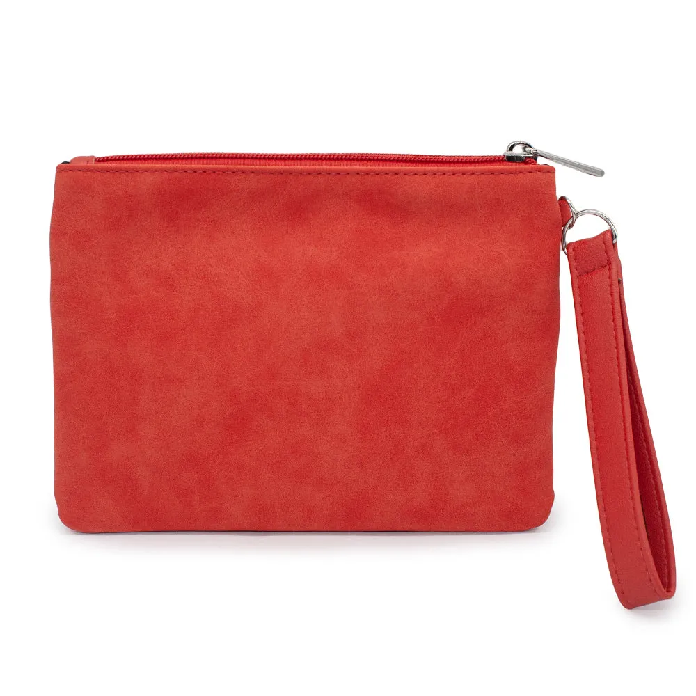 Women's Wallet Double Pocket Wristlet - Mickey Mouse Profile and Script Single Line Debossed Red