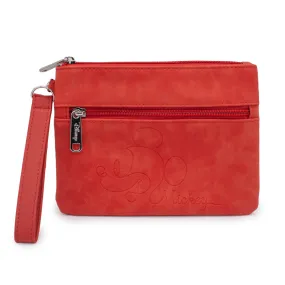 Women's Wallet Double Pocket Wristlet - Mickey Mouse Profile and Script Single Line Debossed Red